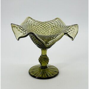 Vintage Green Indiana Glass Hobnail Fluted Ruffled Edge Pedestal Candy Dish